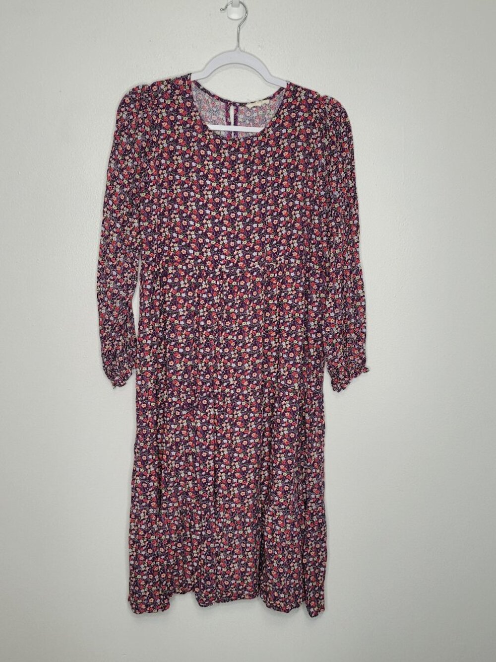 Easel purple blue red ditsy floral tiered long sleeve modest cute dress size M
